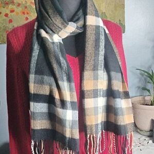 100% Cashmere Black /Tan/Grey Plaid Scarf